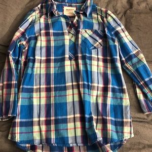 Blue & Teal High-Low Plaid Shirt